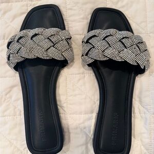 Primark Women's Black Sandals with Silver Braided Straps